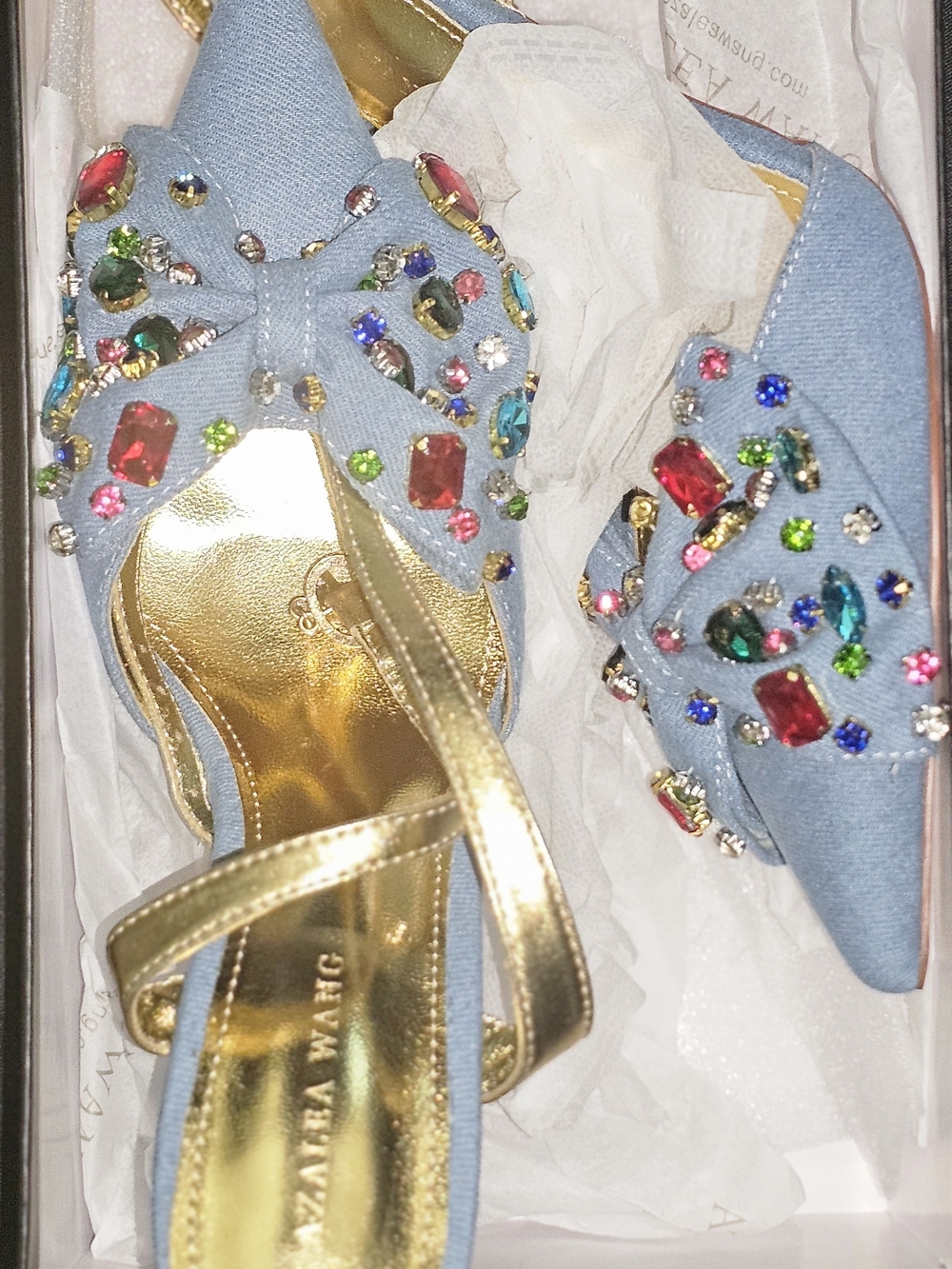 Embellished Light Blue Denim Pointed-Toe Heels with Gold Strap